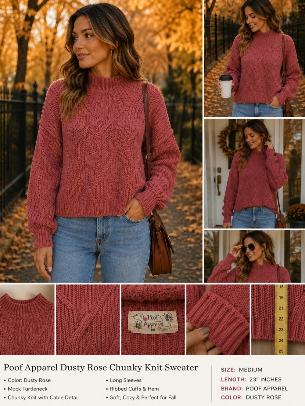 Poof Apparel Women’s Dusty Rose Cable Knit Mock Neck Sweater – Size Medium